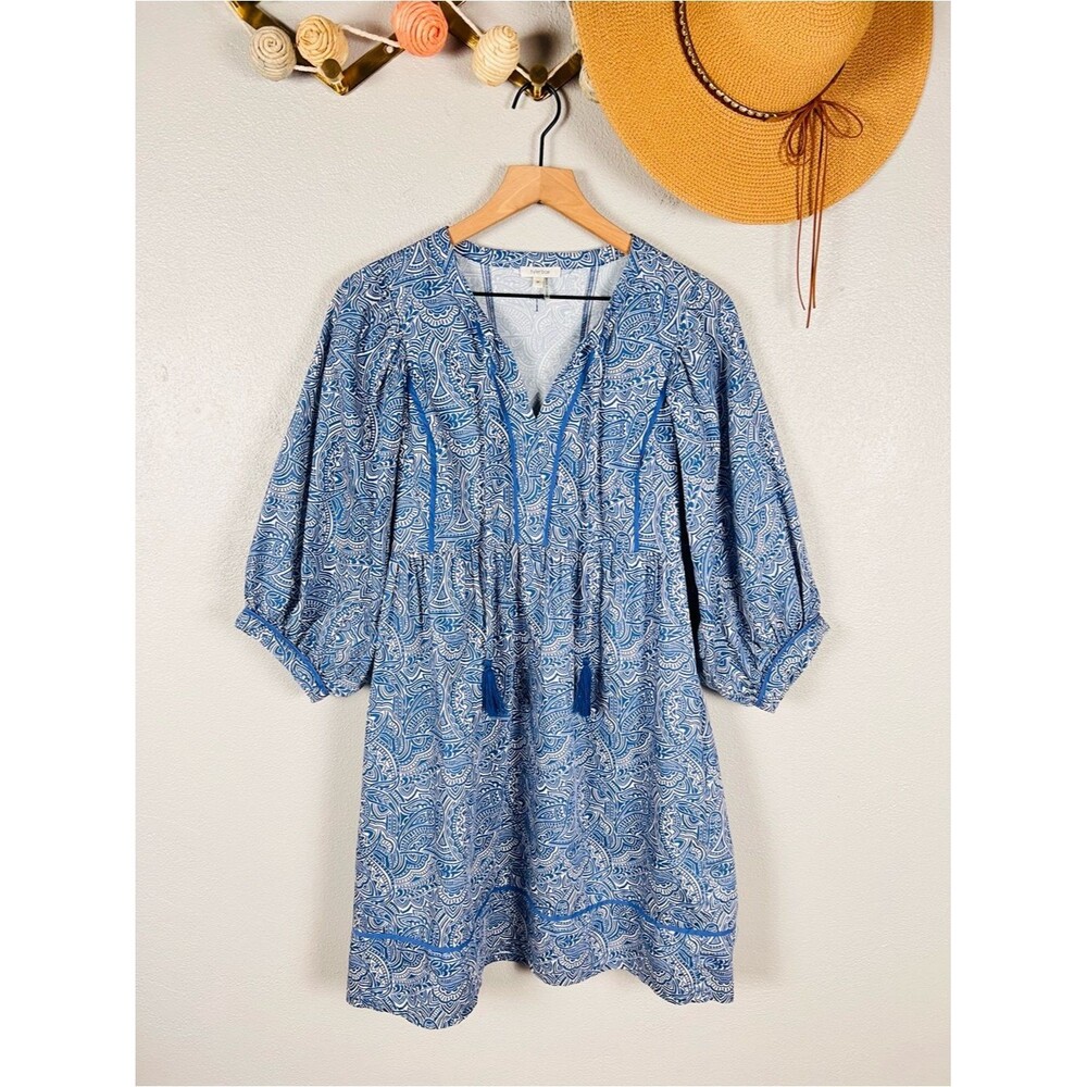 Tyler Boe Janet Blue Paisley Cotton Mini Dress Coastal Resort Boho Size Medium